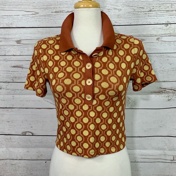 Zara Crop Collared Buttons Burnt Orange yellow Thin Soft Knit Top - Picture 5 of 11